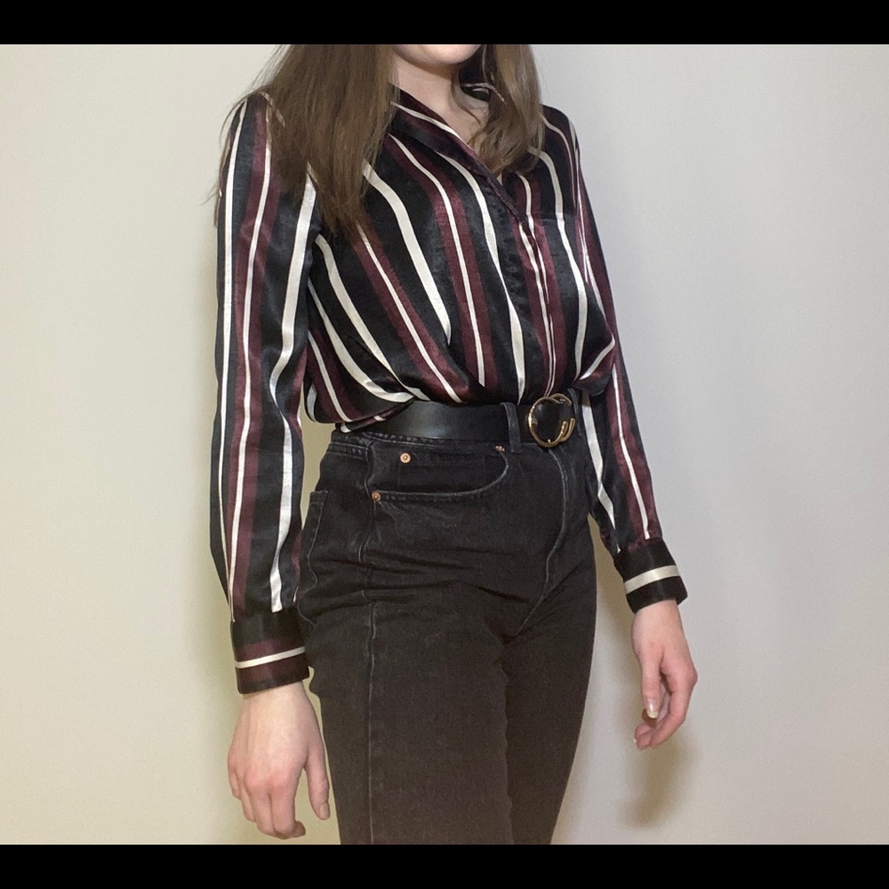 Black, Burgundy and White Striped Long-Sleeved Top